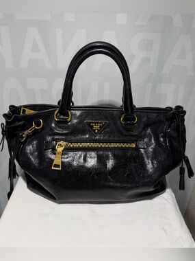 Prada 2way Vitello Shine Leather Handbag with Gold Hardware